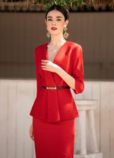 Red Three Quarter Sleeves Pantsuits and Skirt suits - FashionByTeresa
